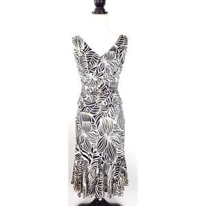 Linea Domani Metallic Leaf Print Ruched Dress Flare Hem White Black Gold Size 4P